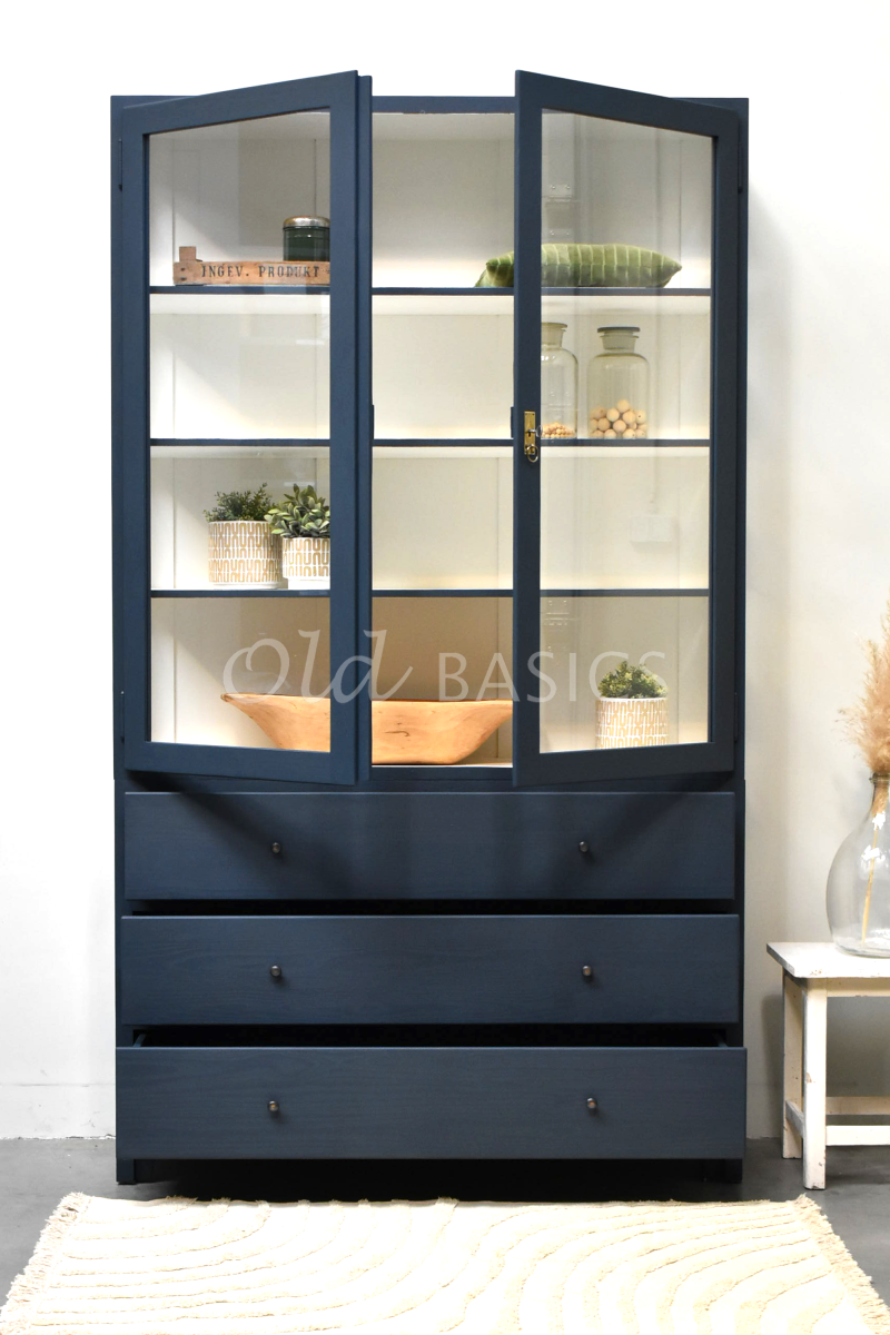 Detail van Vitrinekast Jeanette, 2 deuren, RAL5008, blauw, materiaal hout